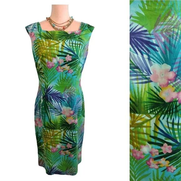 VTG 90s Maggy London Green Tropical Sleeveless Linen Blend Dress Size 8 - Picture 2 of 14